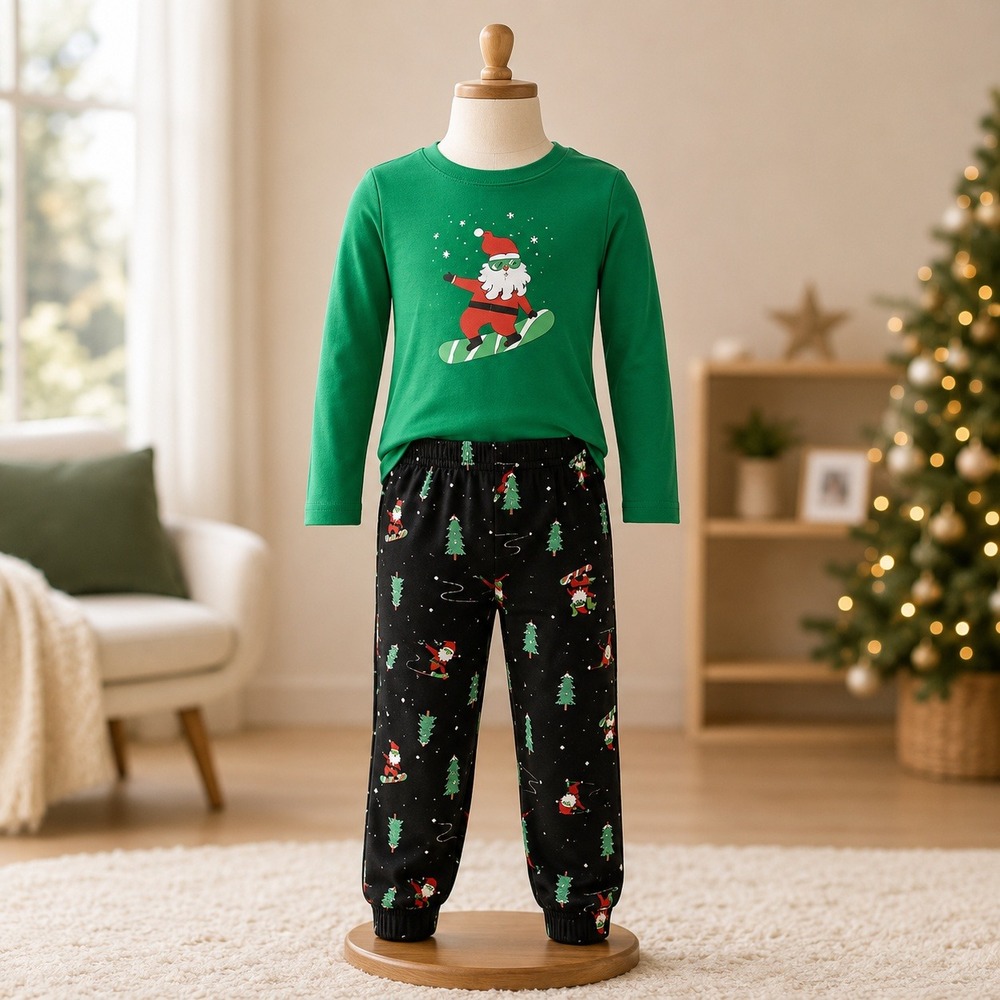 Jammies For Your Families 4 Christmas Pajama Set Santa Snowboard Green Black
